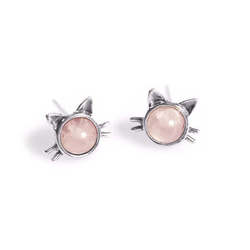 Henryka Cat Face Stud Earrings in Silver and Rose Quartz - EH719/PQ-BU