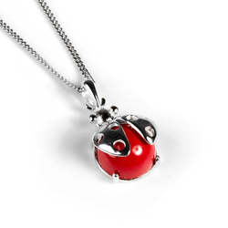 Henryka Large Ladybird Necklace in Silver and Coral - 2/084/COR-B-1