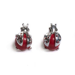 Henryka Little Ladybird Stud Earrings in Coral and Silver - 1/084/COR-B