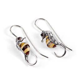 Henryka Striped Seahorse Drop Earrings in Silver and Amber - SF1196-AAG