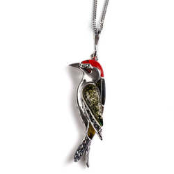 Henryka Small Woodpecker Bird Necklace in Silver, Coral and Amber - PH801/S-AAG