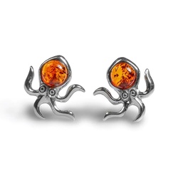 Henryka Octopus Stud Earrings in Silver and Amber