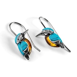 Henryka Kingfisher Bird Hook Earrings in Silver, Turquoise and Amber