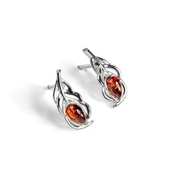 Henryka Peacock Feather Silver and Amber Cognac Stud Earrings