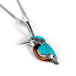 Henryka Miniature Kingfisher Bird Silver, Turquoise and Amber Necklace