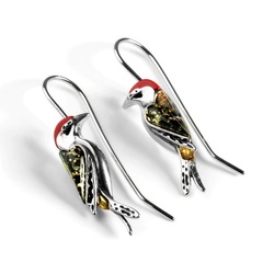 Henryka Green Woodpecker Bird Hook Earrings in Silver, Amber and Coral