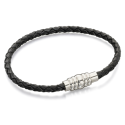 Fred Bennett - Stainless Steel Magnetic Clasp & Black Leather Bracelet - B4726