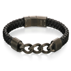 Fred Bennett - Gun Metal Plated Link & Black Leather Bracelet - B4999