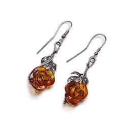 Single Stem Rose Drop Earrings In Silver And Amber