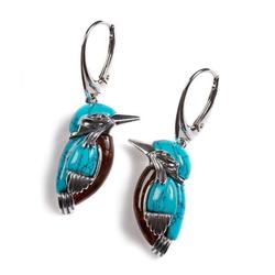 Kingfisher Bird Drop Earrings In Silver, Turquoise And Amber
