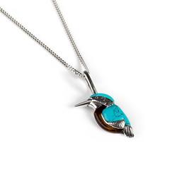 Henryka Miniature Kingfisher Bird Necklace In Silver, Turquoise And Amber - Ph800-Xs-Aag