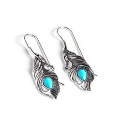Henryka Peacock Feather Hook Earrings In Silver And Turquoise - 6E332-Tq-Cos